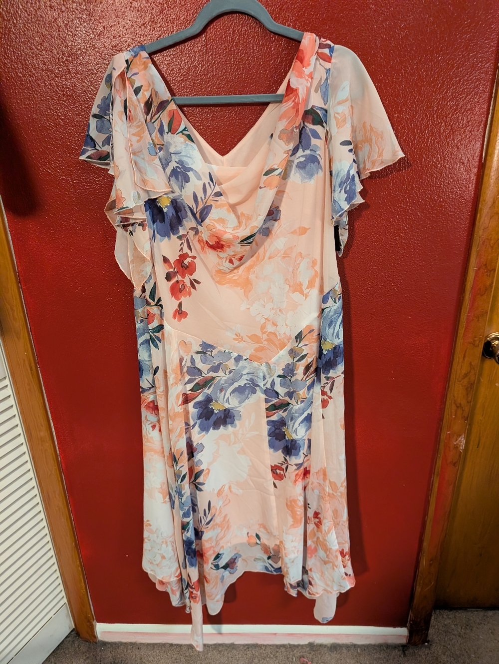Robbie Bee Peach Midi Dress with Blue and Coral Floral Print